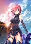  1girl armor bare_shoulders blush breasts elbow_gloves fate/grand_order fate_(series) gloves hair_over_one_eye purple_hair shielder_(fate/grand_order) short_hair smile solo thigh-highs violet_eyes zhanzheng_zi 