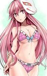  1girl alternate_costume bikini blush bow_bikini breasts cleavage expressionless fox_mask hata_no_kokoro highres large_breasts long_hair looking_at_viewer mask navel parted_lips pink_bikini pink_eyes pink_hair plaid plaid_bikini simple_background sketch solo swimsuit touhou y2 