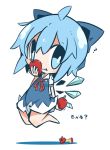  1girl apple blue_eyes blue_hair bow chibi cirno eating food fruit hair_bow hair_ribbon highres ice ice_wings looking_at_viewer nuu_(nu-nyu) ribbon short_hair solo touhou translation_request wings 