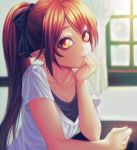  1girl blurry breasts brown_eyes brown_hair chin_rest cleavage collarbone curtains depth_of_field eyelashes hair_ribbon lens_flare long_hair original pointy_ears ponytail ribbon sakura7716 solo upper_body window 