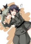  anchovy black_hair blush braid closed_eyes drill_hair girls_und_panzer hair_ribbon hug hug_from_behind long_hair military military_uniform multiple_girls one_eye_closed open_mouth pepperoni_(girls_und_panzer) red_eyes ribbon short_hair skirt smile translation_request twin_drills twintails umekichi uniform 