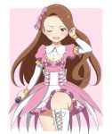  084_pro 1girl adjusting_hair boots bow brown_eyes brown_hair cross-laced_footwear dress frills hair_bow hairband highres idolmaster long_hair looking_at_viewer microphone minase_iori one_eye_closed solo 