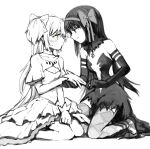  2girls akemi_homura akuma_homura argyle argyle_legwear bare_shoulders black_dress black_gloves black_hair blush bow breasts brooch center_opening choker cleavage cleavage_cutout collarbone detached_sleeves dress elbow_gloves eye_contact full_body gloves goddess_madoka hair_bow high_heels holding_hands jewelry kaname_madoka kneeling layered_skirt long_hair looking_at_another magical_girl mahou_shoujo_madoka_magica mahou_shoujo_madoka_magica_movie multiple_girls red_eyes short_hair short_sleeves silverxp simple_background sitting smile spoilers spot_color strapless_dress sweatdrop tattoo thigh-highs two_side_up wariza white_background white_dress white_gloves wrist_cuffs yellow_eyes yuri 