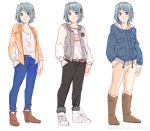  blue_eyes blue_hair boots coat commentary dated ddhew denim fashion hair_ornament hairpin hand_in_pocket jacket jeans jewelry mahou_shoujo_madoka_magica miki_sayaka multiple_persona necklace pants pants_rolled_up shoes short_hair sketch slacks smile standing vest watch watch watermark web_address 
