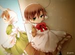  2boys against_wall ahoge axis_powers_hetalia brown_hair child closed_eyes crossdressinging dress green_eyes head_scarf northern_italy_(hetalia) siblings southern_italy_(hetalia) young 