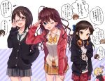  :3 :d adjusting_glasses belt blue21 blue_eyes bow bowtie brown_eyes brown_hair cardigan clothes_writing cosplay glasses hair_bow hand_in_pocket headphones headphones_around_neck honda_mio honda_mio_(cosplay) hood hooded_jacket ichinose_shiki idolmaster idolmaster_cinderella_girls jacket kamijou_haruna long_hair maekawa_miku necktie one_eye_closed open_mouth oversized_clothes salute school_uniform shibuya_rin shibuya_rin_(cosplay) shirasaka_koume skirt sleeves_past_wrists smile tachibana_arisu tada_riina tada_riina_(cosplay) translation_request twitter_username 