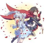  2girls alternate_hairstyle angry blue_eyes brown_hair cloak comb facial_scar gradient_hair grey_eyes hair_dryer highres hood hooded_cloak iesupa jewelry multicolored_hair multiple_girls necklace petals redhead rose_petals ruby_rose rwby silver_hair smile twintails weiss_schnee 