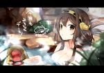  1girl ahoge alternate_hairstyle bare_shoulders bath bathing breasts brown_hair bush commentary_request double_bun folded_ponytail hair_between_eyes hairband headgear kantai_collection kongou_(kantai_collection) large_breasts letterboxed long_hair looking_at_viewer monkey nerokuro nude onsen partially_submerged ponytail steam twitter_username water 
