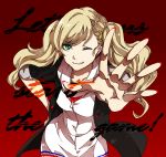  1girl blonde_hair english foreshortening green_eyes hair_ornament hairclip hand_on_hip highres nail_polish one_eye_closed persona persona_5 reaching red_background red_nails saichuu_(more1208) smile solo takamaki_ann twintails 
