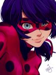  1girl blue_eyes blue_hair bodysuit ceejles domino_mask highres ladybug_(character) long_hair looking_at_viewer magical_girl marinette_cheng mask miraculous_ladybug polka_dot signature smile twintails upper_body 