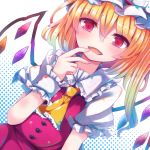  1girl ascot beni_shake blonde_hair dress fang flandre_scarlet halftone halftone_background hat looking_at_viewer mob_cap open_mouth pink_dress puffy_short_sleeves puffy_sleeves red_eyes shirt short_sleeves solo touhou wings wrist_cuffs 