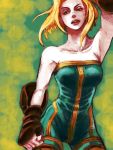  1girl bare_shoulders blonde_hair breasts final_fantasy final_fantasy_tactics gloves green_eyes monk_(fft) open_mouth short_hair simple_background solo unitard 