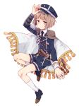  1boy adjusting_clothes adjusting_hat blush brown_hair cape hat maeda_toushirou male_focus military military_uniform necktie shorts smile solo touken_ranbu uniform utsunomiya_hetaru 