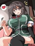  1girl arm_warmers black_gloves black_legwear breasts brown_hair chikuma_(kantai_collection) clenched_hand gloves heart kantai_collection large_breasts looking_at_viewer no_panties open_mouth sitting skirt smile solo spoken_heart thigh-highs tsuzuri_(tuzuri) 