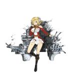  alcohol barrel bent_barrel blonde_hair boots breasts burnt_clothes coat cup damaged drinking_glass grey_eyes headgear knee_boots mecha_musume military military_uniform official_art one_eye_closed open_mouth prince_of_wales_(zhan_jian_shao_nyu) quill red_coat smoke smokestack smoking spilled torn_clothes turret under_boob uniform wine wine_glass zhan_jian_shao_nyu 