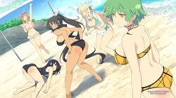  5girls :d ^_^ arm_up ass bare_shoulders barefoot beach bikini bikini_tan black_bikini black_hair black_swimsuit blonde_hair breasts clenched_hand closed_eyes eyepatch green_eyes green_hair hair_ribbon haruka_(senran_kagura) highres hikage_(senran_kagura) homura_(senran_kagura) huge_breasts large_breasts long_hair mirai_(senran_kagura) multiple_girls navel official_art one-piece_swimsuit open_mouth outdoors polka_dot polka_dot_bikini polka_dot_swimsuit ponytail red_eyes ribbon rock sand senran_kagura senran_kagura_(series) slit_pupils smile swimsuit tan tanline tattoo teeth toes top-down_bottom-up water watermark wrist_cuffs yaegashi_nan yomi_(senran_kagura) 