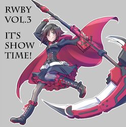  1girl boots brown_hair bullet cross-laced_footwear english gradient_hair grey_eyes highres iesupa lace-up_boots magazine_(weapon) multicolored_hair pantyhose redhead ruby_rose rwby scythe skirt smile solo 