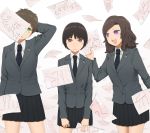  3girls answer_sheet black_hair blazer brown_eyes brown_hair green_eyes looking_at_viewer multiple_girls necktie open_mouth original school_uniform short_hair skirt smile test violet_eyes yajirushi_(chanoma) 