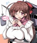  1girl apron breasts brown_hair commentary_request english hair_ornament hairclip kantai_collection large_breasts long_hair looking_at_viewer machinery mamiya_(kantai_collection) one_eye_closed open_mouth pink_eyes solo tsuzuri_(tuzuri) upper_body 