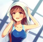  1girl breasts brown_eyes brown_hair competition_swimsuit doseki_udon idolmaster idolmaster_cinderella_girls idolmaster_cinderella_girls_starlight_stage long_hair nitta_minami one-piece_swimsuit solo swimsuit towel 