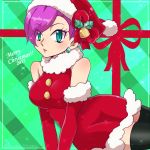  1girl 2015 bell black_legwear breasts dekapurio_hideo dress earrings elbow_gloves fur_trim gloves green_eyes hair_over_one_eye hat hat_ornament jewelry large_breasts lying merry_christmas musashi_(pokemon) on_side pokemon pokemon_(anime) purple_hair red_dress red_gloves santa_costume santa_hat solo thigh-highs zettai_ryouiki 