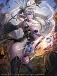 1girl artist_request ass bare_shoulders breasts cleavage hair_ornament large_breasts legend_of_the_cryptids long_hair long_sleeves looking_back magic pointy_ears ponytail revealing_clothes smile staff violet_eyes weapon 