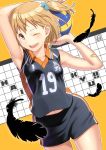  1girl armpits arms_up ball bandaid bare_shoulders blonde_hair blush brown_eyes commentary_request feathers haikyuu!! hair_ornament looking_at_viewer navel one_eye_closed open_mouth pairan short_hair shorts side_ponytail sleeveless smile solo sportswear star_hair_ornament volleyball volleyball_uniform yachi_hitoka 