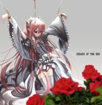  1girl alternate_color blood blood_on_face bloody_clothes blurry bound bow brooch chain cuffs depth_of_field dress dripping flower frilled_sleeves frills grey_background hair_ornament jewelry kero_sweet kneeling krul_tepes long_hair long_sleeves owari_no_seraph pink_hair pointy_ears puffy_long_sleeves puffy_sleeves red_eyes red_flower red_rose reflection ribbon rose shackles shade signature solo text thigh-highs tied_up very_long_hair white_bow white_dress white_legwear white_ribbon wide_sleeves 