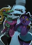 2girls bittenhard black_hair blonde_hair bratty_(undertale) breasts cat_girl catty_(undertale) cleavage fangs gun laughing lizard_girl looking_at_viewer multiple_girls open_mouth pink_eyes pink_sclera smile undertale weapon yellow_eyes yellow_sclera