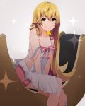  1girl akuan_(7jackpot7) blonde_hair blush fang fang_out long_hair looking_at_viewer monogatari_(series) oshino_shinobu pointy_ears simple_background sitting smile solo strap_slip very_long_hair yellow_eyes 