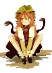  1girl alternate_hair_length alternate_hairstyle animal_ears brown_eyes brown_hair cat_ears cat_tail chen earrings hat jewelry long_hair long_sleeves mob_cap multiple_tails ne_kuro nekomata simple_background single_earring sitting solo tail touhou white_background 