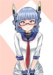  1girl bangs black_gloves blue_hair blunt_bangs glasses gloves headgear highres kantai_collection murakumo_(kantai_collection) necktie school_uniform serafuku short_hair smile solo yoshika_fuumi 