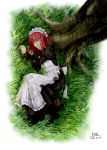  1girl artist_request grass headdress highres hisui maid melty_blood pink_hair sleeping solo tree tsukihime type-moon 