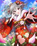  1girl alternate_hairstyle artist_request blush drill_hair flower fur_collar hair_flower hair_ornament idolmaster idolmaster_cinderella_girls japanese_clothes kanzaki_ranko kimono nail_polish official_art petals red_eyes silver_hair smile solo twin_drills 