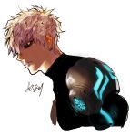  1boy backlighting black_sclera blonde_hair cyborg earrings genos jewelry male_focus neon_trim onepunch_man pigeon666 profile robot_joints short_hair signature solo turtleneck upper_body white_background yellow_eyes 