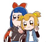  2girls :3 bangs biker_clothes blonde_hair blue_eyes blue_hair blunt_bangs blush_stickers bow hair_bow helmet inkerton-kun leather_jacket middle_finger motorcycle_helmet multiple_girls pipimi poptepipic popuko simple_background two_side_up upper_body v white_background yellow_eyes 