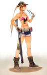  1girl abs absurdres american_flag baseball_cap belt bikini_top blonde_hair boots borrowed_character commentary_request evolution_(movie) flat_chest full_body gun hat highres holster jessica_jefferson laser_sight looking_away onibi_(foxhound4185) original ponytail red_eyes shirt_tan short_shorts shorts shotgun shotgun_shells standing tan tanline weapon white_background 