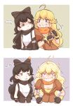  ... 2girls 2koma ahoge anger_vein black_hair blake_belladonna blonde_hair blush bow breasts burning cleavage comic commentary fingerless_gloves fire gloves hair_bow multiple_girls on_fire rwby silent_comic stitched tagme veebu yang_xiao_long 