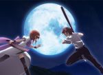  1boy 1girl baseball_bat bow brown_hair cleaver fighting full_moon higurashi_no_naku_koro_ni hill looking_at_another maebara_keiichi moon night night_sky nyoronyoro open_mouth orange_hair outdoors puffy_short_sleeves puffy_sleeves ryuuguu_rena shirt short_hair short_sleeves sky spoilers thigh-highs white_shirt wristband 