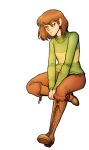  androgynous blush boots brown_eyes brown_hair chara_(undertale) cross-laced_footwear crossed_legs frown highres knee_boots lace-up_boots looking_down moonywitcher short_hair simple_background sitting solo striped undertale v_arms white_background 