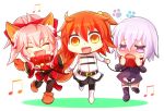  3girls :d animal_ears armor bell bell_collar belt blush bow caster_(fate/extra) chibi closed_eyes collar detached_sleeves eru_(948143) fang fate/grand_order fate_(series) female_protagonist_(fate/grand_order) fox_ears gloves hair_bow japanese_clothes kimono leash multiple_girls open_mouth parody paw_gloves pink_hair ponytail shielder_(fate/grand_order) side_ponytail smile style_parody tamamo_cat_(fate/grand_order) thigh-highs zettai_ryouiki 