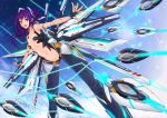  1girl breasts clouds def_(chronowarld) fingerless_gloves flying gloves long_hair mecha_musume navel original outstretched_arms ponytail purple_hair robot_joints sky smile solo spread_arms star_(sky) starry_sky violet_eyes 