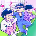  3boys alternate_costume black_hair brothers gold_chain hand_on_own_cheek jitome jumpsuit looking_at_another matsuno_ichimatsu matsuno_karamatsu matsuno_todomatsu multiple_boys osomatsu-kun osomatsu-san siblings sunglasses surgical_mask sweatdrop tied_sleeves tongue tongue_out veins window 