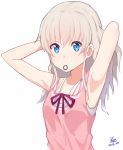  1girl adjusting_hair armpits blue_eyes charlotte_(anime) kenkaizar long_hair looking_at_viewer mouth_hold pink_hair ribbon solo tank_top tomori_nao tying_hair white_background 