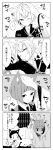  3boys 4koma :&gt; animal_ears atsushi_toushirou blush cat_ears cat_tail chibi comic highres hotarumaru maeda_toushirou male_focus monochrome multiple_boys necktie one_eye_closed patting_head saniwa_(touken_ranbu) shaded_face tail tokunocin touken_ranbu 