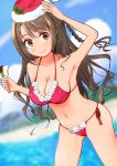  1girl arm_up armpits bikini braid breasts brown_eyes brown_hair cleavage clouds gloves hat idolmaster idolmaster_cinderella_girls lens_flare long_hair looking_at_viewer navel one_side_up santa_hat shimamura_uzuki shiny shiny_skin side-tie_bikini side_ponytail sky smile swimsuit yamaburo 