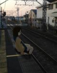  1girl absurdres arm_support artist_request black_eyes black_hair building cable highres house looking_down original outdoors power_lines railroad_tracks realistic scenery school_uniform serafuku sitting skirt sky solo telephone_pole train_station vanishing_point 