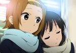  2girls akiyama_mio black_hair brown_eyes brown_hair closed_eyes hairband head_on_another&#039;s_shoulder k-on! kisuke_(akutamu) long_hair multiple_girls scarf short_hair tainaka_ritsu 