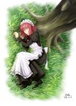  1girl grass highres hisui maid melty_blood shoes short_hair sleeping solo tree tsukihime type-moon 