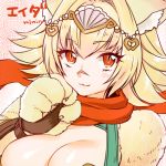  1girl ada_(sennen_sensou_aigis) animal_ears artist_name blonde_hair blush breasts cat_ears character_name cleavage lowres miniru nose_scar orange_eyes paws scarf sennen_sensou_aigis slit_pupils upper_body 